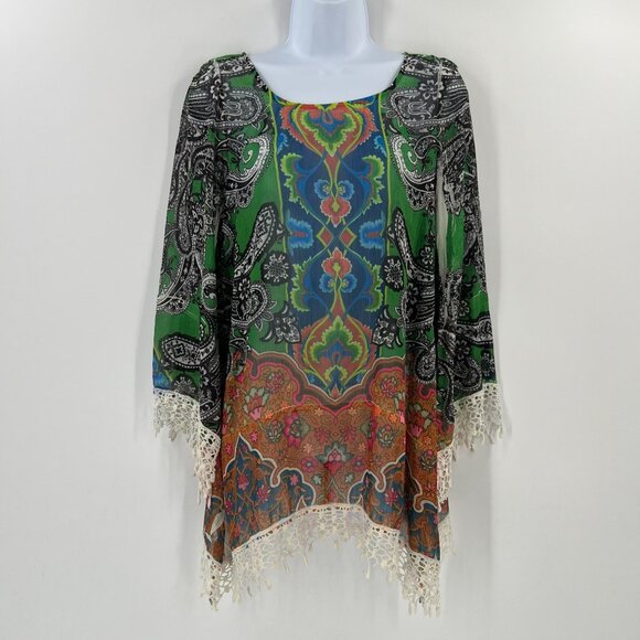 Mushka by Sienna Rose M Sheer Tunic Top Green Blue Paisley Bohemian Festival - Picture 1 of 9